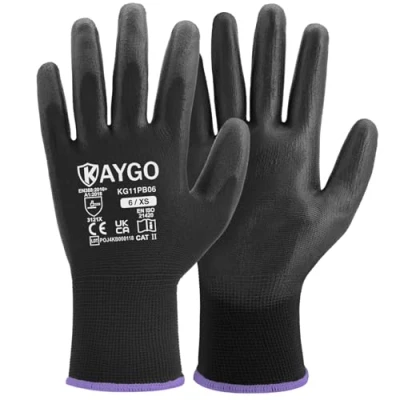 Afbeelding van KAYGO KG11PB Werkhandschoenen, 12 paar, naadloze mesh werkhandschoenen met PU coating voor een gladde grip op handpalm en vingers, dames heren, ideaal algemeen werk (XL, zwart)