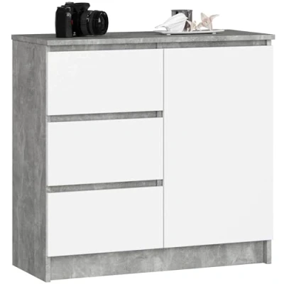 Afbeelding van AKORD K 80 Jerry Commode met 3 laden, 2 planken en 1 deur, voor woonkamer, slaapkamer, modern, gelamineerde plaat 16 mm, x 77 35 cm, beton + witte voorkant