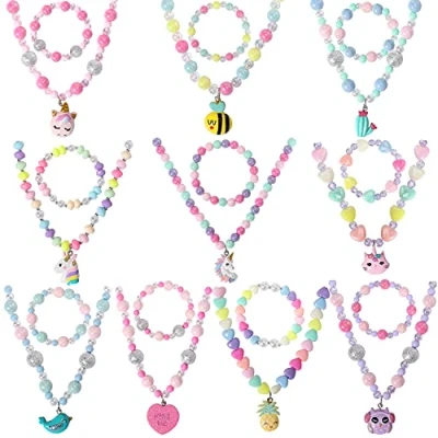 Afbeelding van Pinkgarden 10 sets parelketting en armband voor kinderen, meisjes, uilenketting, kat, vogel, eenhoorn parelarmband, verjaardagscadeauzakjes, kunststof, hars, parel, Acryl, Parel