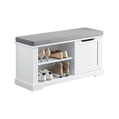 Afbeelding van SoBuy FSR84 W Opbergbank met gevoerd kussen, lage kast, entree, schoenenkast, comfortabele bank 1 deur en 2 planken, 90 x 30 45 cm,