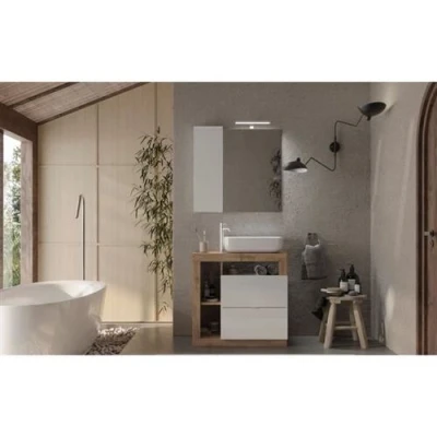 Image de Ensemble Meuble salle de bain HAMBOURG L78 Vasque + 2 Tiroirs 3 niches Coloris chêne clair et laqué blanc