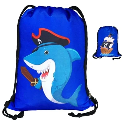 Afbeelding van HECKBO Sporttas voor kinderen, motief piratendieren, 40 x 32 cm, drinkfles, sportkleding, rugzak, sporttas, jongens, meisjes, piratenhaai, cm
