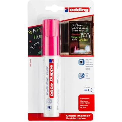 Afbeelding van Edding 4090 vloeibare krijtmarker, fluorescerend, roze, 1 vloeibaar krijt, 4 15 mm, afwasbare krijtstiften om op te schrijven glas, leisteen, krijtstift in dekkende kleuren