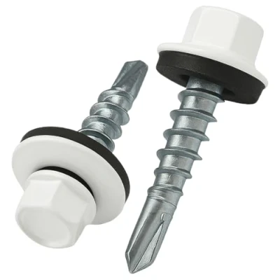 Afbeelding van 8 mm x 35 dakschroeven, gekleurde zelfborende zeskantkop (RAL 9010 zuiver wit) dakschroef met EPDM verzegelde ring, grofschroefdraadschroeven, verzinkt, roestvrij, voor buiten