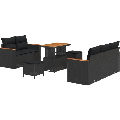 Afbeelding van vidaXL 8 delige Tuin Sofa Set met Kussens Zwart Poly Rattan Acacia, 3 Eet Acacia