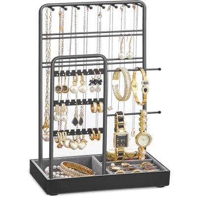 Afbeelding van SONGMICS JJS021B01 Sieradenstandaard met metalen frame en fluwelen dienblad, houder voor oorbellen, armbanden, studs ringen, cadeau idee, wit
