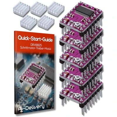 Afbeelding van AZDelivery 5 x DRV8825 Stappenmotorstuurmodule met koellichaam, bijv. voor RAMPS 1.4, CNC Shield, 3D printer, Prusa Mendel compatibel Arduino Inclusief E Book!