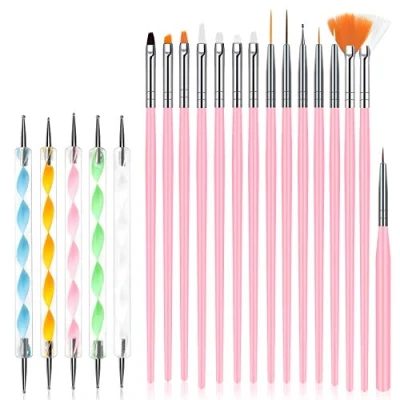 Afbeelding van URAQT Nagelkunstborstelset, 15 delige acryl nagelborstel schilderpen en 5 nagelpuntengereedschap, Nagelpen Designer Nail Art schilderset voor doe het zelvers professioneel gebruik