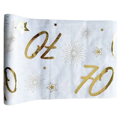 Afbeelding van Tralala Fêtes© Tafelloper voor 70e verjaardag lint tafelopzetstuk goud niet geweven chique decoratie wit en glanzende rol 31,5 x 500 cm (70 jaar)
