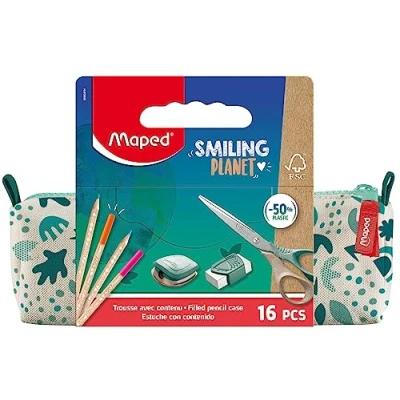 Afbeelding van Maped Smiling Planet etui met schoolbenodigdheden van stof + 12 FSC kleurpotloden 1 schaar 16 cm puntenslijper reserve witte gum
