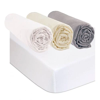 Afbeelding van Set van 3 hoeslakens, 60 x 120 cm, kinderbed + 2 matrasbeschermers, afmetingen 100% biologisch katoen, meerkleurig, ultrazacht, ademend, gezonde slaap, GOTS en Oeko Tex gecertificeerd, geproduceerd in Europa