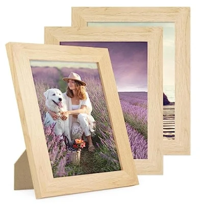 Afbeelding van PHOTOLINI Set van 3 fotolijsten 15 x 20 cm MDF hout natuurlijk breed frame modern onbreekbaar acrylglas om op te hangen en neer zetten, extra accessoires voor je decoratie