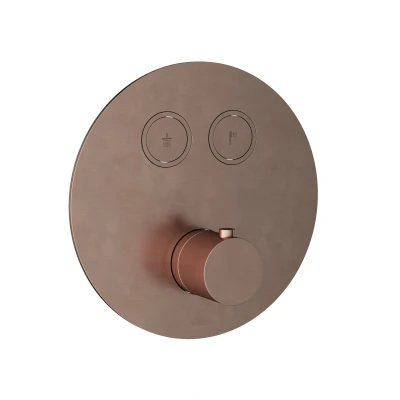 Afbeelding van HotBath Cobber PB009 rond afbouwdeel voor inbouwthermostaat met 2 pushbuttons Geborsteld Koper PVD