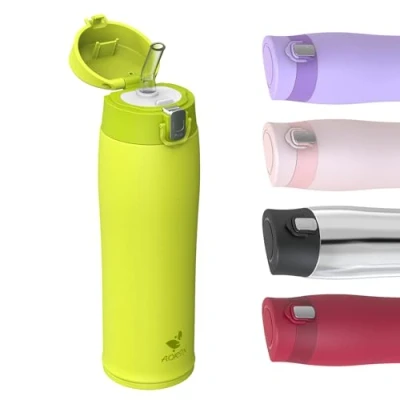 Image de AORIN Gourde 500 ml En acier inoxydable 18/8 Anti fuite Avec paille Sans BPA Pour l&#039;école, le sport, l&#039;eau, vélo