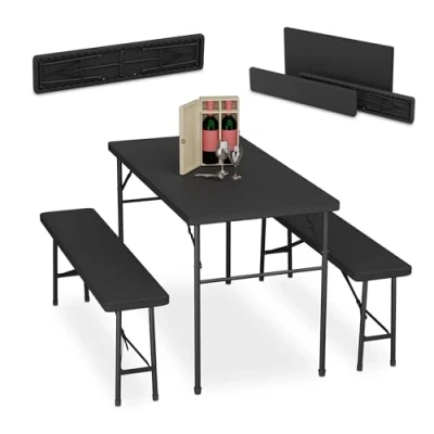 Afbeelding van Relaxdays biertafel set bierbank inklapbaar klaptafel kunststof 3 delige zwart