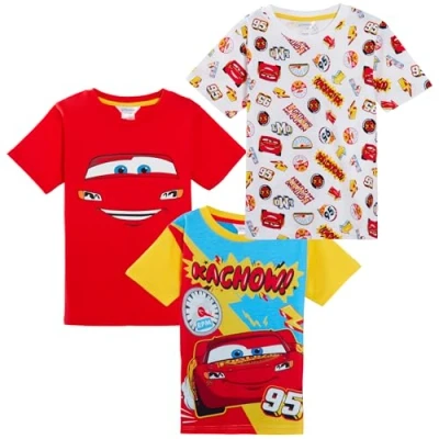 Afbeelding van Disney Set van 3 Cars T shirts voor jongens, Lightning McQueen Dress Up Top, korte zomer shirts, rood, wit, veelkleurig