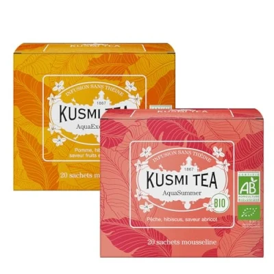 Image de Kusmi Tea AquaExotica &amp; AquaSummer Lot de 2 boîtes Infusions Bio sans Théine Fruitées et Gourmandes À Déguster Chaud ou en Thé Glacé 2x20 Sachets