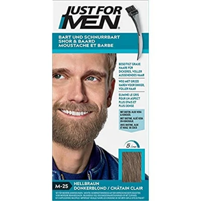 Image de Just For Men Teinture Barbe Marron Clair, Coloration Moustache et Châtain Clair Homme, Élimine Les Poils Blancs Pour un Résultat Plus Épais, Avec pinceau applicateur. Rapide facile M25