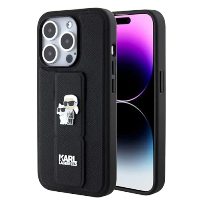 Afbeelding van Karl Lagerfeld Gripstand Saffiano Karl&amp;Choupette Pins hoesje voor iPhone 15 Pro Max zwart