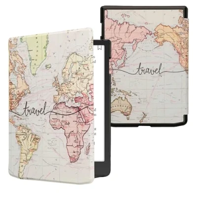 Afbeelding van kwmobile E reader hoesje geschikt voor Pocketbook InkPad Color 3 hoes flip case met magnetische sluiting Ereader cover Travel Wereldkaart design in zwart / meerkleurig