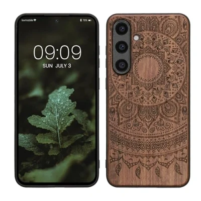 Afbeelding van kwmobile telefoonhoesje geschikt voorSamsung Galaxy S24 FE Hoesje met bumper hout In donkerbruin Indian Sun design