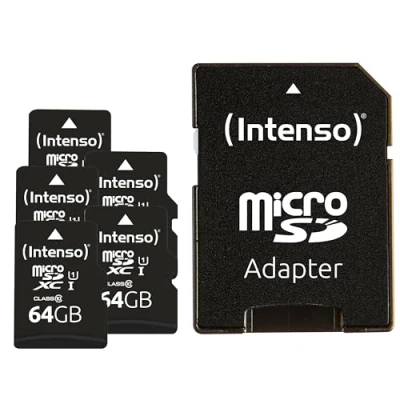 Afbeelding van Intenso MicroSDXC 5X 64GB Class 10 UHS I geheugenkaart met SD adapter (tot 90 MB/s) zwart