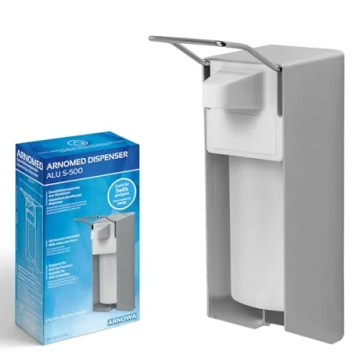 Afbeelding van ARNOMED Hydroalcoholische geldispenser van aluminium, 1 automatische zeepdispenser 500 ml, korte hendel wandbevestiging/montage, zeepdispenser,