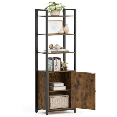Afbeelding van VASAGLE Verticale boekenkast met 6 niveaus deur, metalen frame, verstelbare planken, 24 x 40 159,5 cm, voor woonkamer, slaapkamer, rustiek bruin en inktzwart LLS132K01