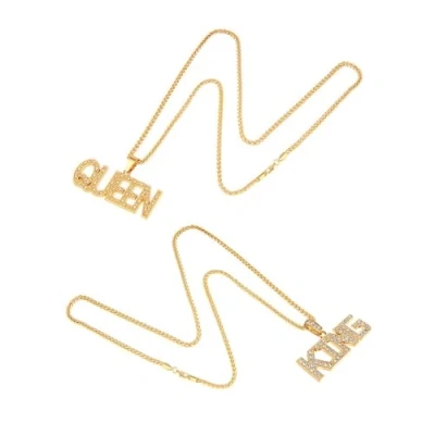 Afbeelding van KRYMSON 2 stuks gouden hiphop kettingen voor heren, grote ketting, rapper, King Queen hanger, perfect carnaval, themafeesten, parel, Parel