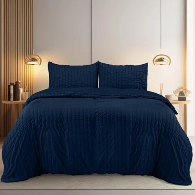Afbeelding van Utopia Bedding Seersucker dekbedovertrekset microvezel polyester dekbedovertrek 200 x cm + 2 kussenslopen 50 75 marineblauw
