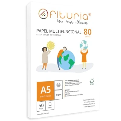 Afbeelding van Lot de feuilles A5 80 g avec 50 blanches, papier multifonction pour usage scolaire et environnement travail. Idéal imprimantes laser, à jet d&#039;encre ou photocopieuses. Ofituria