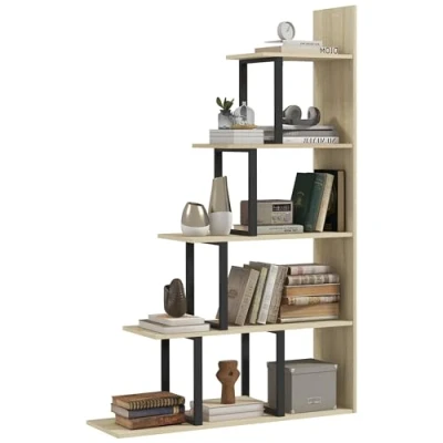 Afbeelding van HOMCOM Boekenkast, ruimteverdeler, industriële stijl, trap, 5 planken, 102 x 30 160 cm, eiken