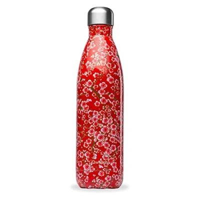 Afbeelding van Qwetch thermosfles rode bloemen 750 ml drinkfles voor onderweg van roestvrij staal 24 uur koud en 12 warm waterdicht, BPA vrij herbruikbaar sport, reizen, kantoor,