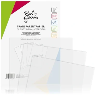 Afbeelding van Robin Goods® 50 vellen hoogwaardig transparant papier DIN A4, 110 g/m², super kwaliteit, bedrukbaar, kraftpapier, papier, bakpapier (50 transparant)