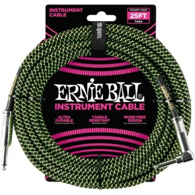 Image de Ernie Ball 6066 Câble gaine tissée noire et verte jack coudé 7.62m