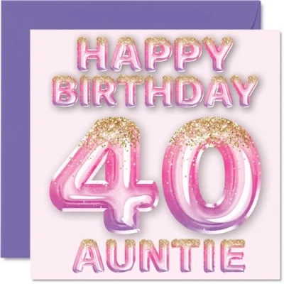 Afbeelding van Verjaardagskaart voor tante 40 jaar, roze en paarse glitterballonnen, verjaardagskaarten 40e tante, neefje nichtje, 145 mm x