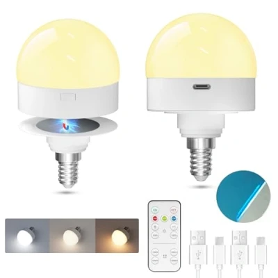 Afbeelding van TobeBright Oplaadbare E14 batterijlamp, led, oplaadbaar, USB C met afstandsbediening, 3 kleurtemperaturen, dimbaar, magneet voor noodverlichting, camping, nachtlampjes (2 stuks)