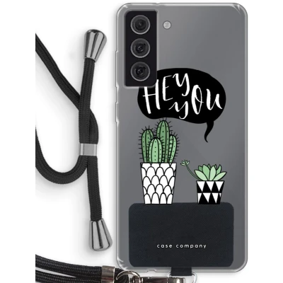 Afbeelding van Case Company® hoesje met Koord geschikt voor Samsung Galaxy S21 FE Hey you cactus Telefoonhoesje Zwart Bescherming aan alle Kanten en Over de Schermrand