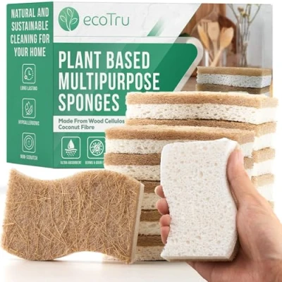 Afbeelding van ecoTru Set natuurlijke keukensponzen, composteerbare witte cellulose en biologische kokosnoot voor het afwassen, milieuvriendelijk, krasbestendig biologisch afbreekbaar (12)