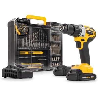 Afbeelding van Powerplus Accu klopboormachine POWX00850 3 in 1: boren hamerboren en schroeven, 20 V boormachine, 60 Nm, Links rechts Incl. 2 accu&#039;s 2.0 Ah 1 lader, 78 accessoires