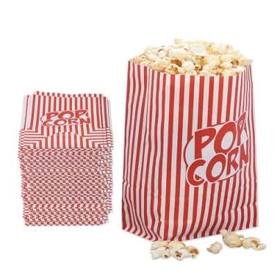Afbeelding van Relaxdays popcorn zakjes set van 48 papier retro look gestreept rood wit