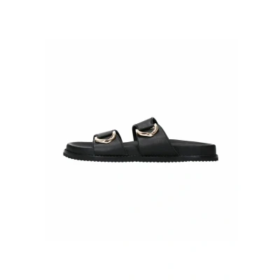 Afbeelding van Sacha Dames Zwarte leren slippers met goudkleurige details Maat 40