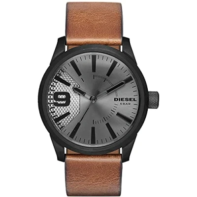 Image de Diesel Montre pour Homme, Rasp, Mouvement à Trois Aiguilles, Boîtier en Acier Inoxydable Noir de 46 mm avec Bracelet Cuir, DZ1764