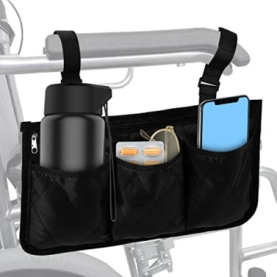 Afbeelding van Vesaneae Rolstoeltas, zijtas, rolstoel, waterdicht, duurzaam, handsfree, armleuning om op te hangen, opberghouder, tas voor rolstoelen, kinderwagens, rollator (zwart)