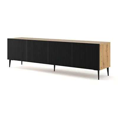 Afbeelding van Ravenna B 4D Laag tv meubel, 200 cm, gefreesde en gedecoreerde MDF fronten op zwarte metalen poten (Artisan eiken + mat zwart)