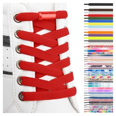 Afbeelding van SULPO Platte veters zonder knopen, kleurrijke met snelsluiting, elastische van rubber, voor kinderen en volwassenen, Rood