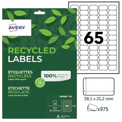 Afbeelding van AVERY Zak met 975 etiketten van 100% gerecycled papier, personaliseerbaar, bedrukbaar, formaat 38,1 x 21,2 mm, laser en inkjetprinter, (LR7651 15)