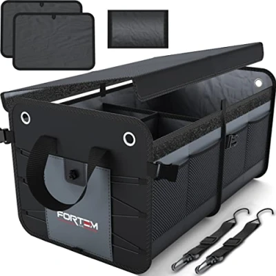 Afbeelding van FORTEM Auto Organizer, SUV Kofferbak Achterbak Opvouwbare Organizer met Vakken, Antislip Bodem, Verstelbare Bevestigingsriempjes, Opvouwbaar Deksel (2 Compartimenten, Grijs)