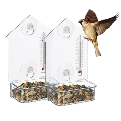 Afbeelding van Relaxdays vogelvoederhuisje raam set van 2 doorzichtig voederhuisje met thermometer
