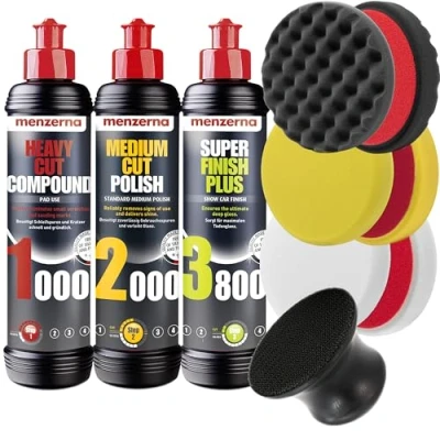 Afbeelding van Detailmate Menzerna, set van 250 ml flesjesauto polijstmiddel: Super Heavy Cut Compund HC1000 + Medium 2500 Finish SF3500 3 Menzerna polijstpads 150 mm zachte microvezel polijstdoek